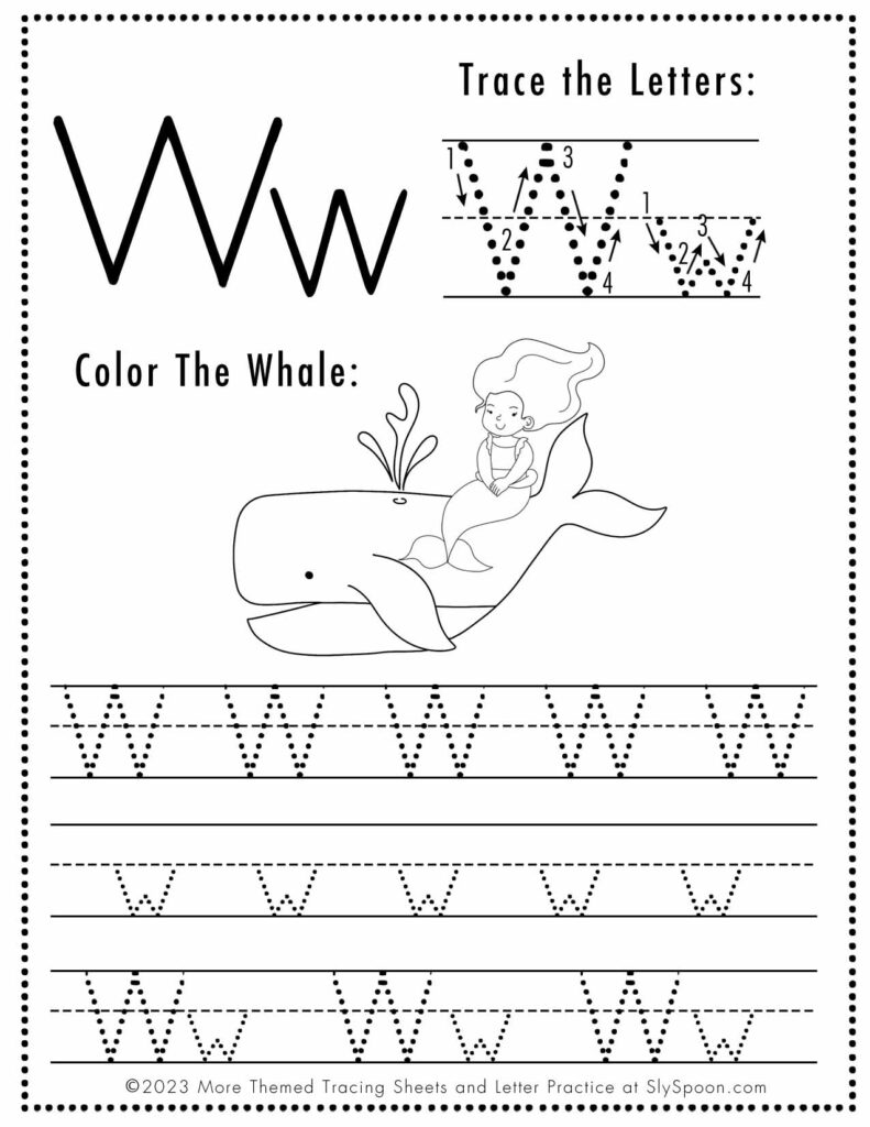 Free Letter W Tracing Worksheet with Mermaid and Whale art