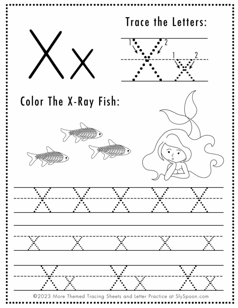 Free Letter X Tracing Worksheet with Mermaid and X-ray Fish art