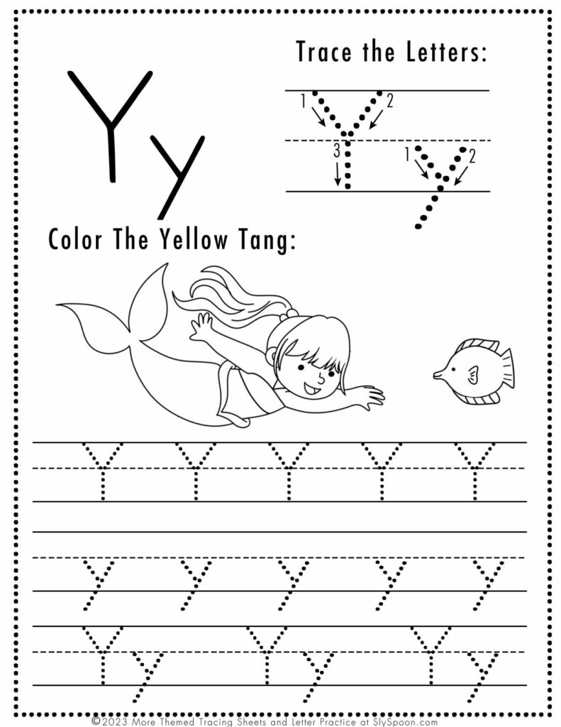 Free Letter Y Tracing Worksheet with Mermaid and Yellow Tang art