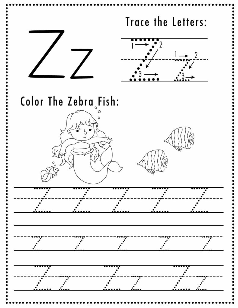 Free Letter Z Tracing Worksheet with Mermaid and Zebra Fish art