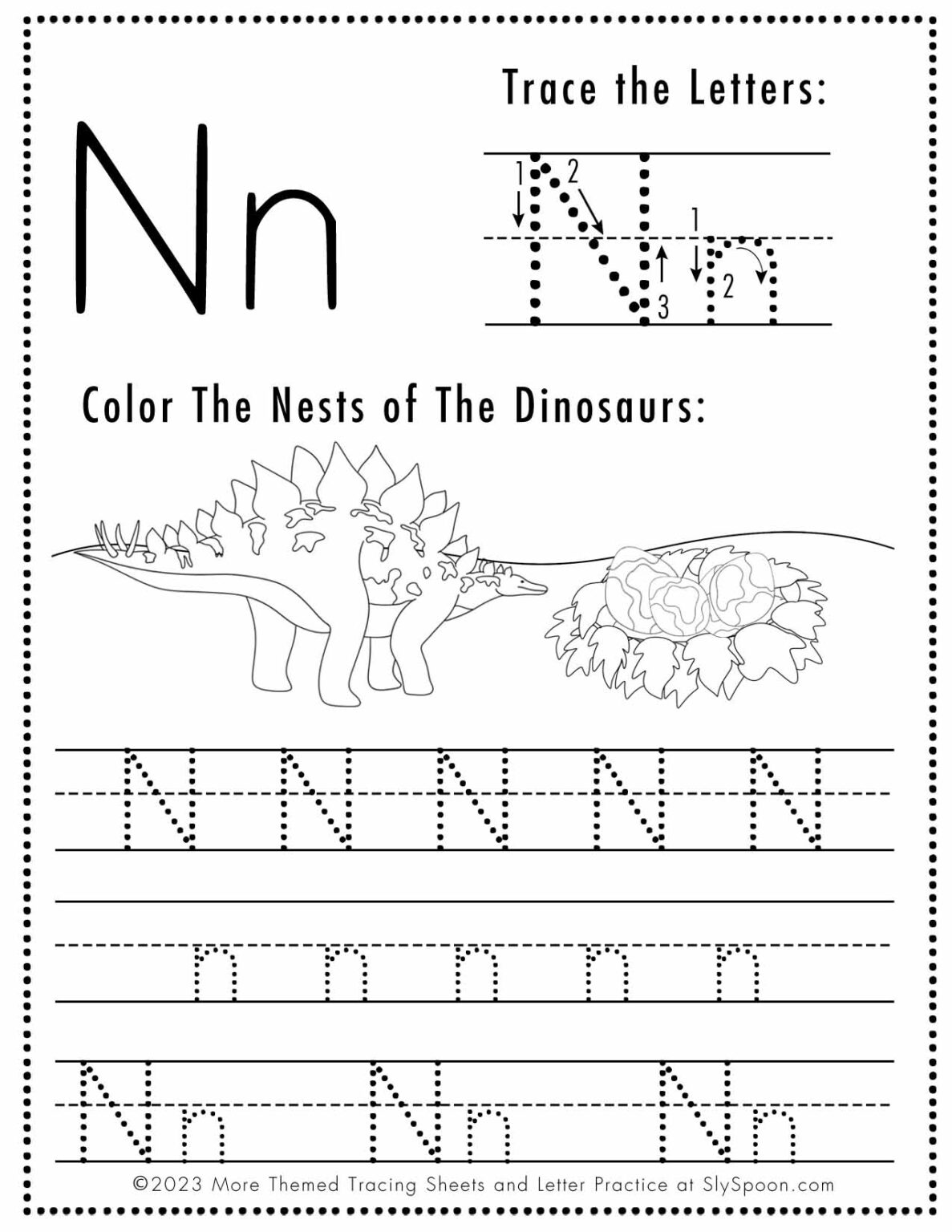 Free Letter N Tracing Worksheet (Printable) Dinosaur Themed - Sly Spoon