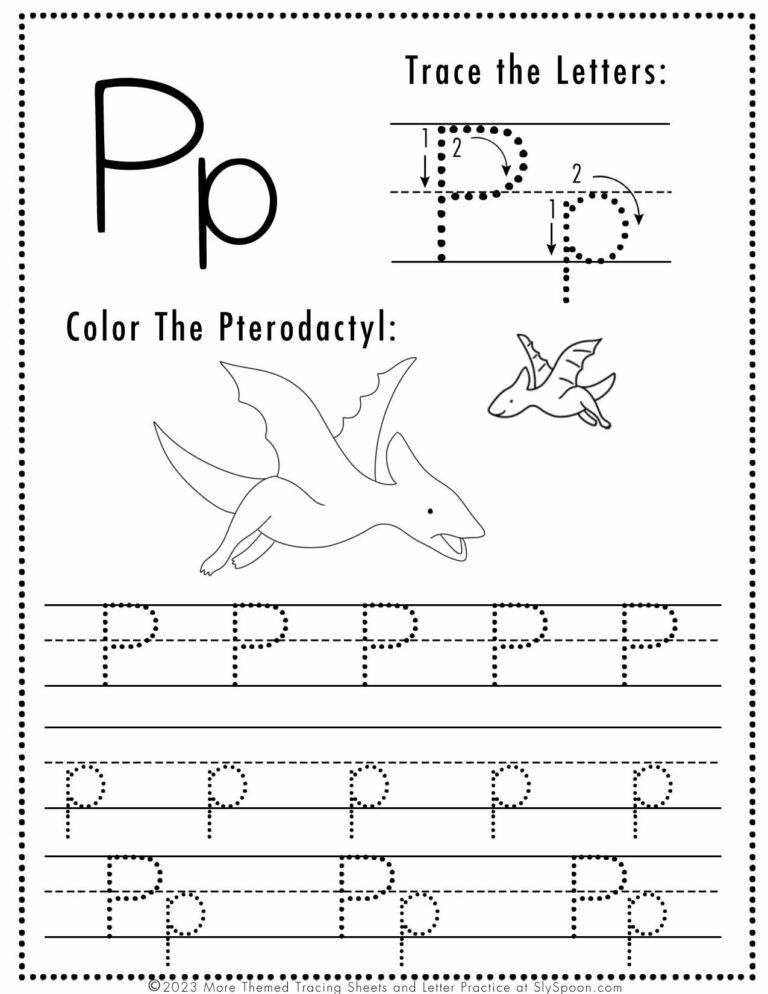 Free Letter P Tracing Worksheet (Printable) Dinosaur Themed - Sly Spoon