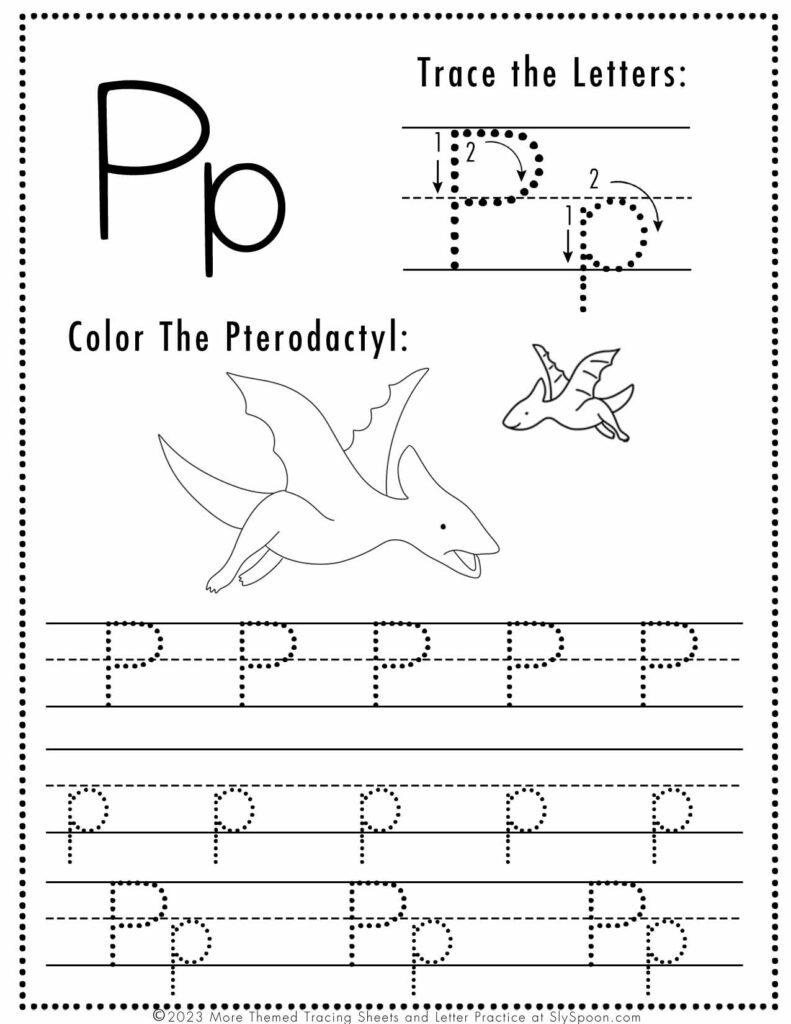 Free Dinosaur Themed Letter P Tracing Worksheet