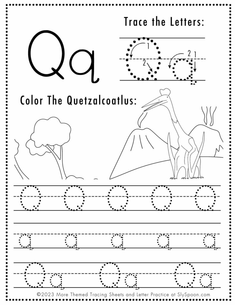 Free Dinosaur Themed Letter Q Tracing Worksheet