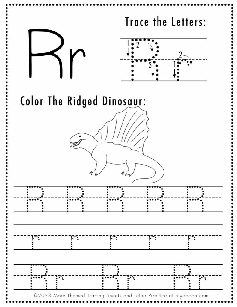 Free Dinosaur Themed Letter R Tracing Worksheet
