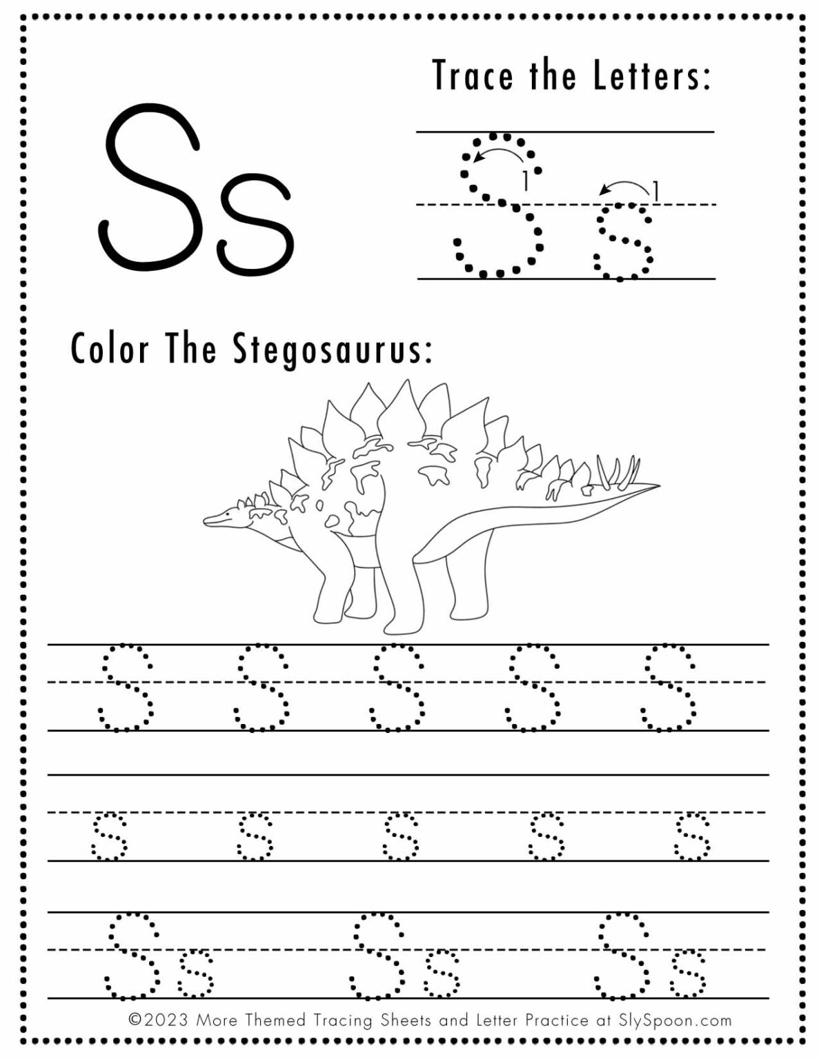 Free Letter S Tracing Worksheet (Printable) Dinosaur Themed - Sly Spoon