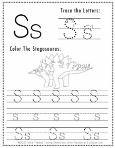 Free Letter S Tracing Worksheet (Printable) Dinosaur Themed - Sly Spoon