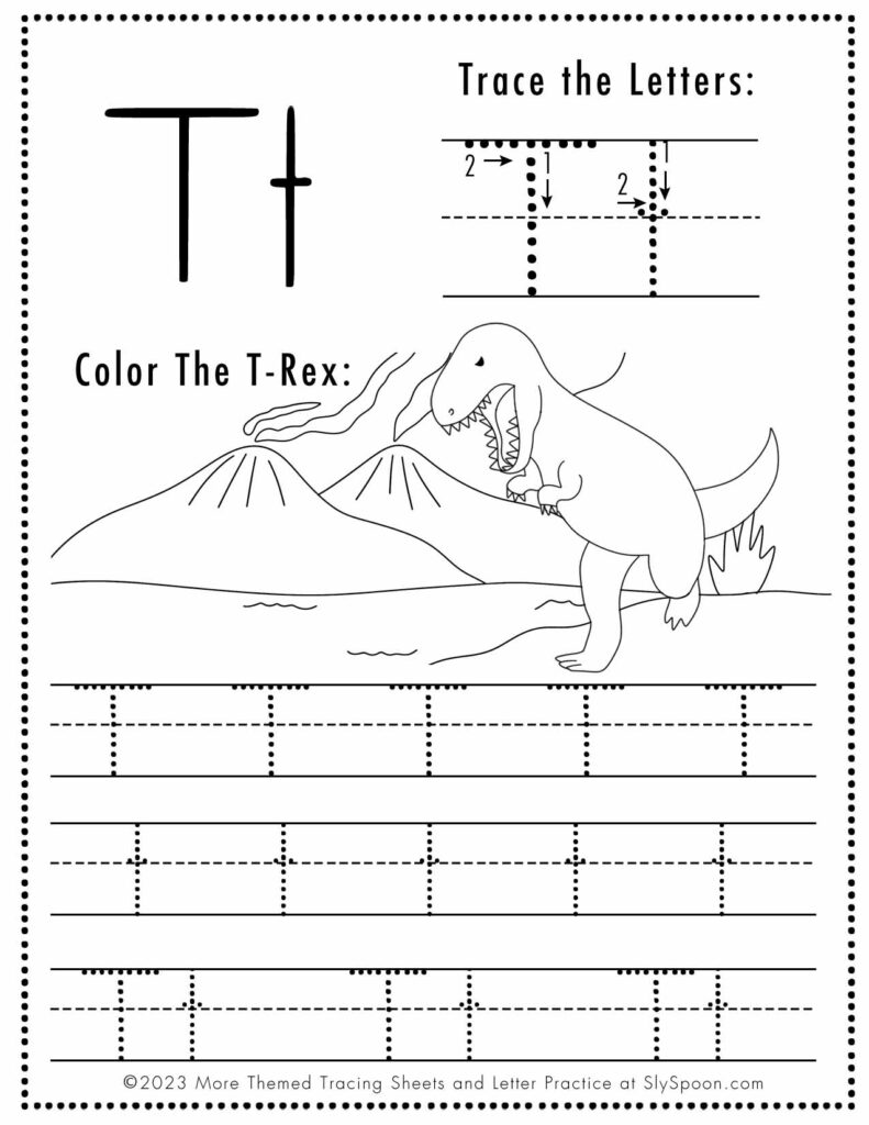 Free Letter T Tracing Worksheet (Printable) Dinosaur Themed - Sly Spoon