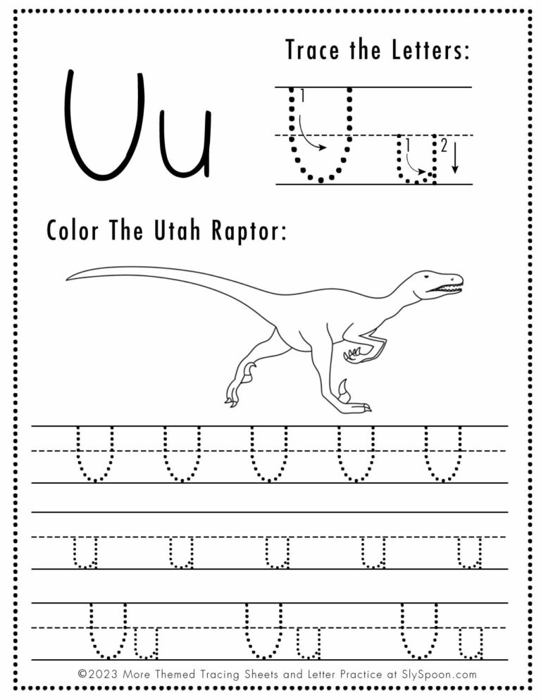 Free Letter U Tracing Worksheet (Printable) Dinosaur Themed - Sly Spoon