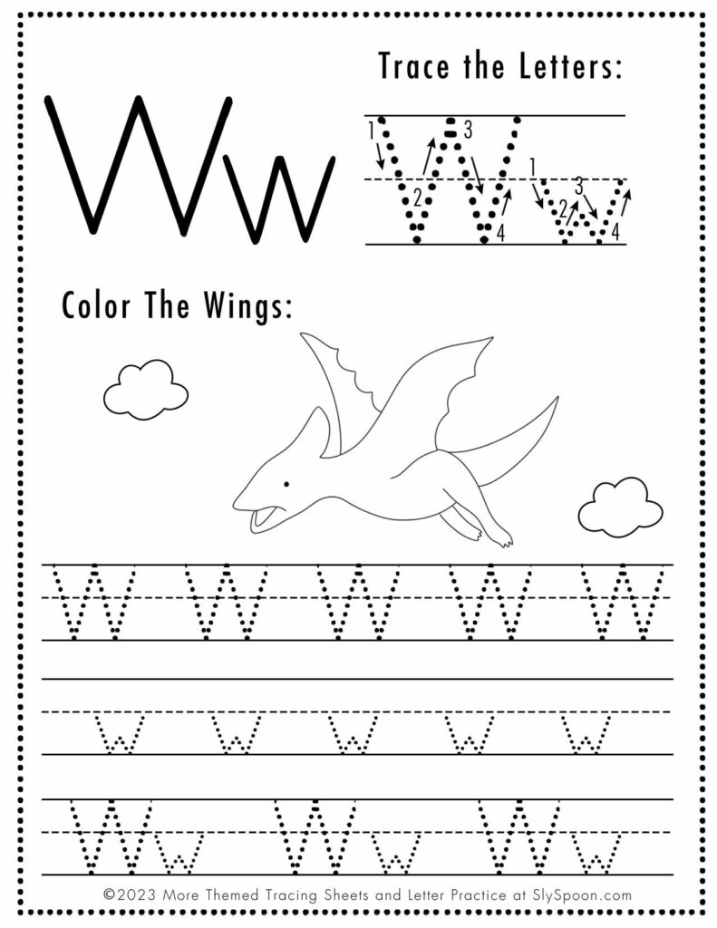 Free Dinosaur Themed Letter W Tracing Worksheet