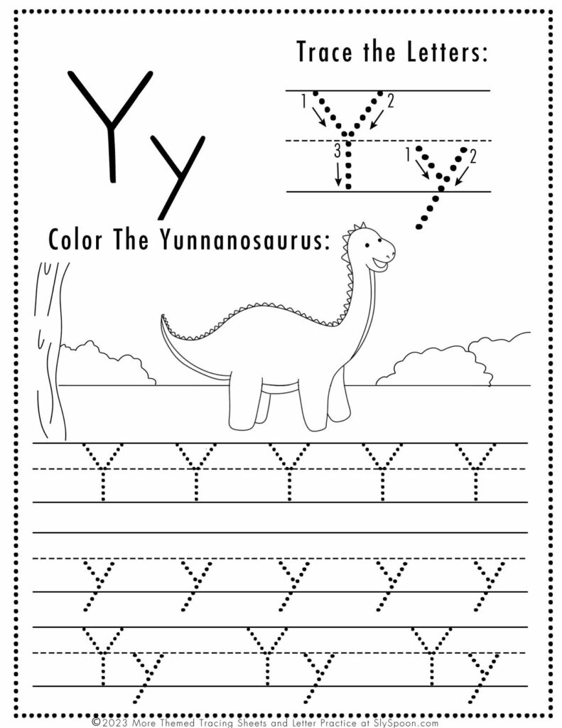Free Dinosaur Themed Letter Y Tracing Worksheet