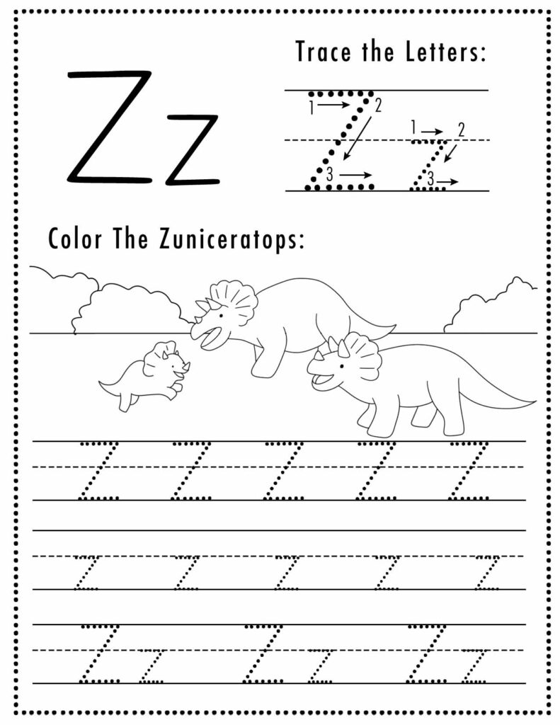 Free Dinosaur Themed Letter Z Tracing Worksheet