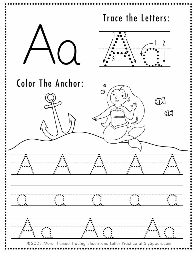 Free Letter A Tracing Worksheet with Mermaid and Anchor art