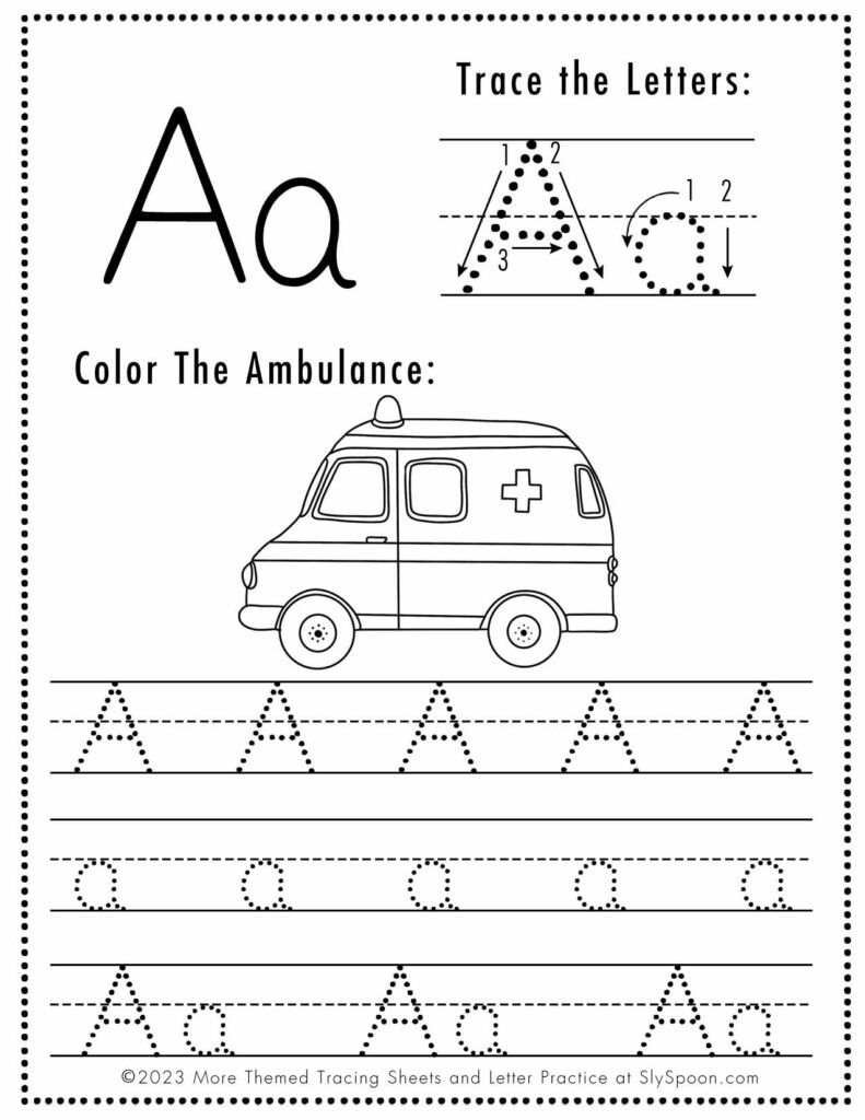 Free Letter A Tracing Worksheet with Car Vehicle Ambulance art