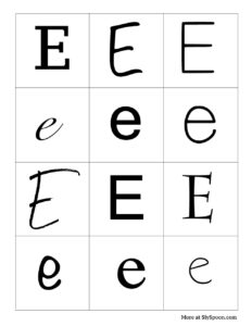 Alphabet Letters "E" in different fonts and sizes
