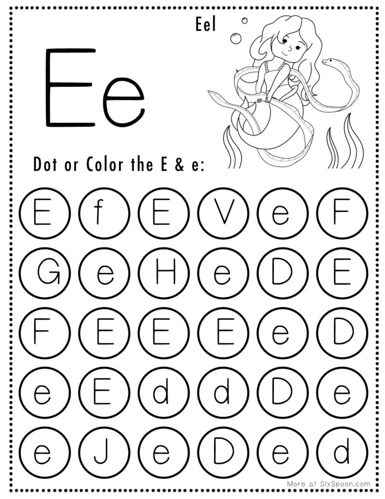 Mermaid Themed Do A Dot Free Printable Letter E Worksheet