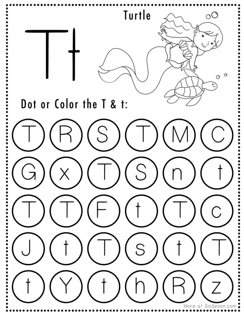 Letter T Mermaid Theme Free Printable Do A Dot worksheet