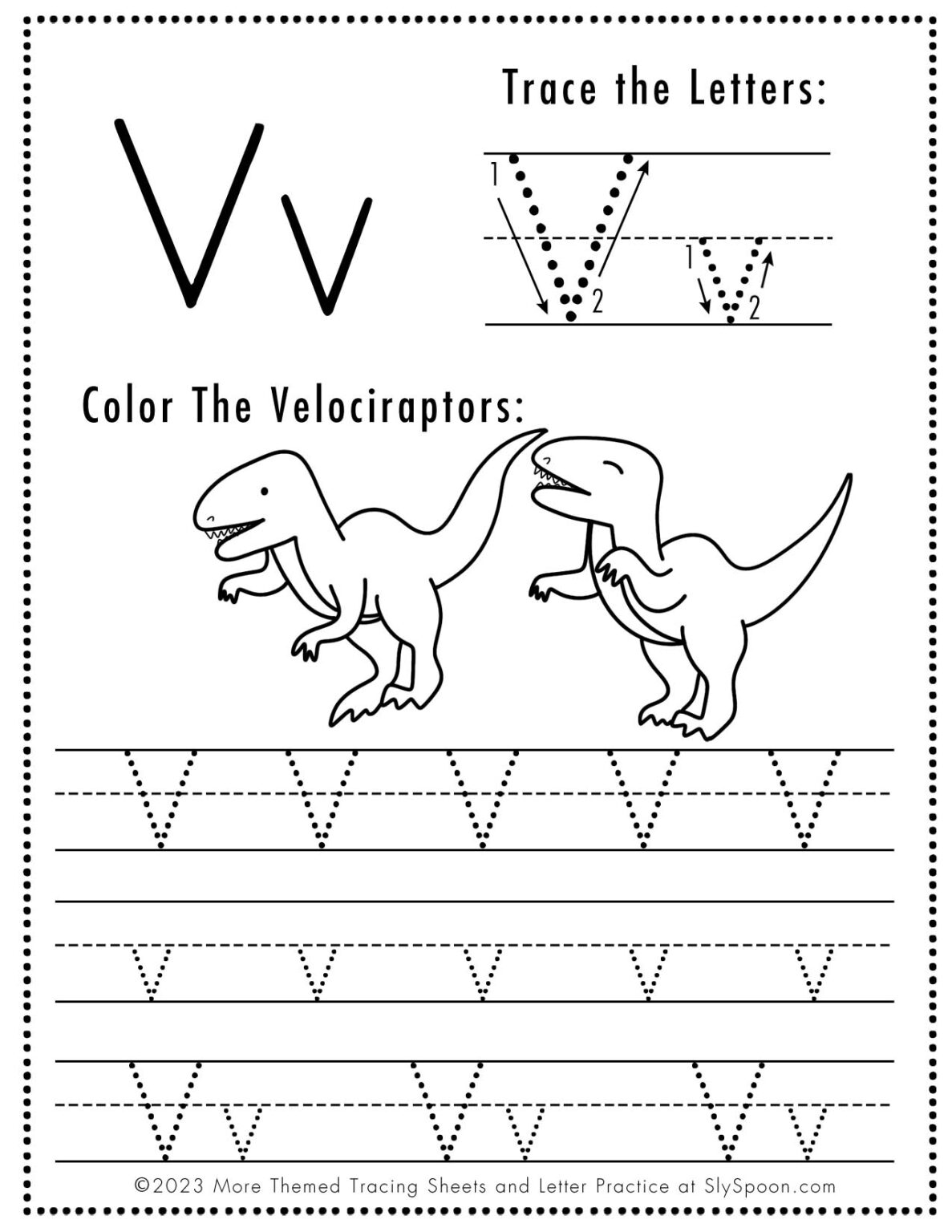 Free Letter V Tracing Worksheet (Printable) Dinosaur Themed - Sly Spoon