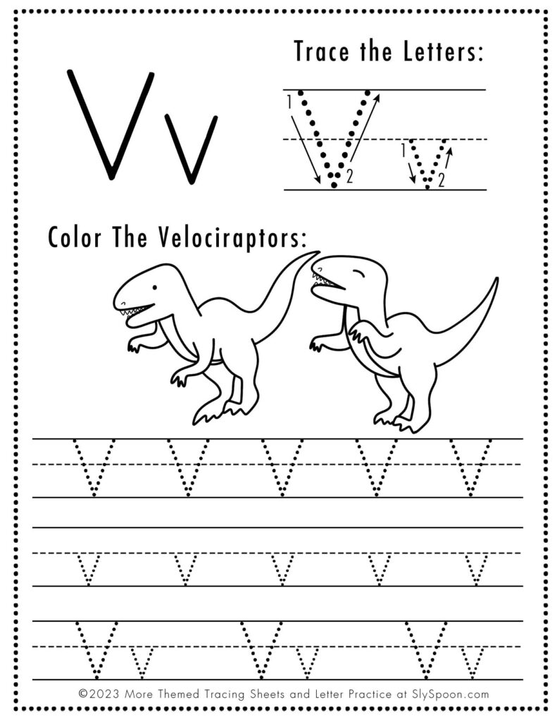Free Dinosaur Themed Letter V Tracing Worksheet