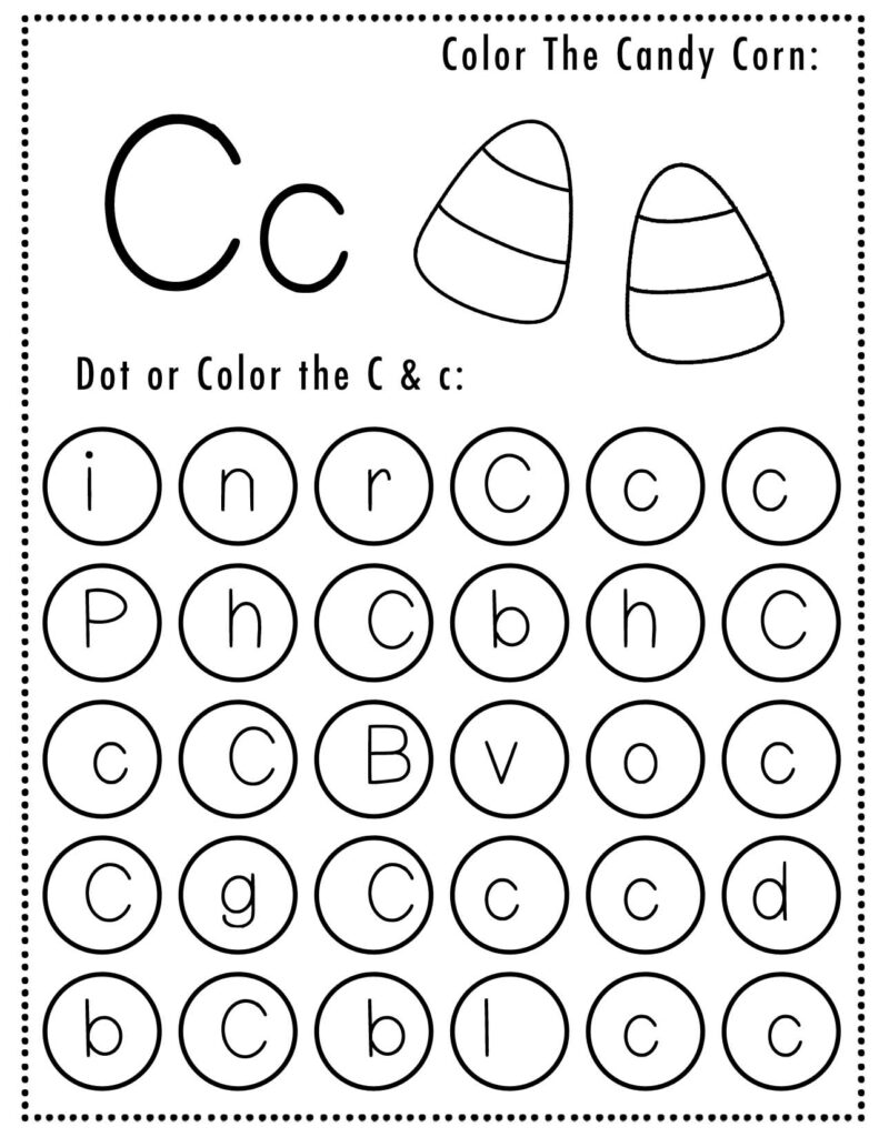 Free Halloween Themed Letter Dotting Worksheets For Letter C - C is for Candy Corn