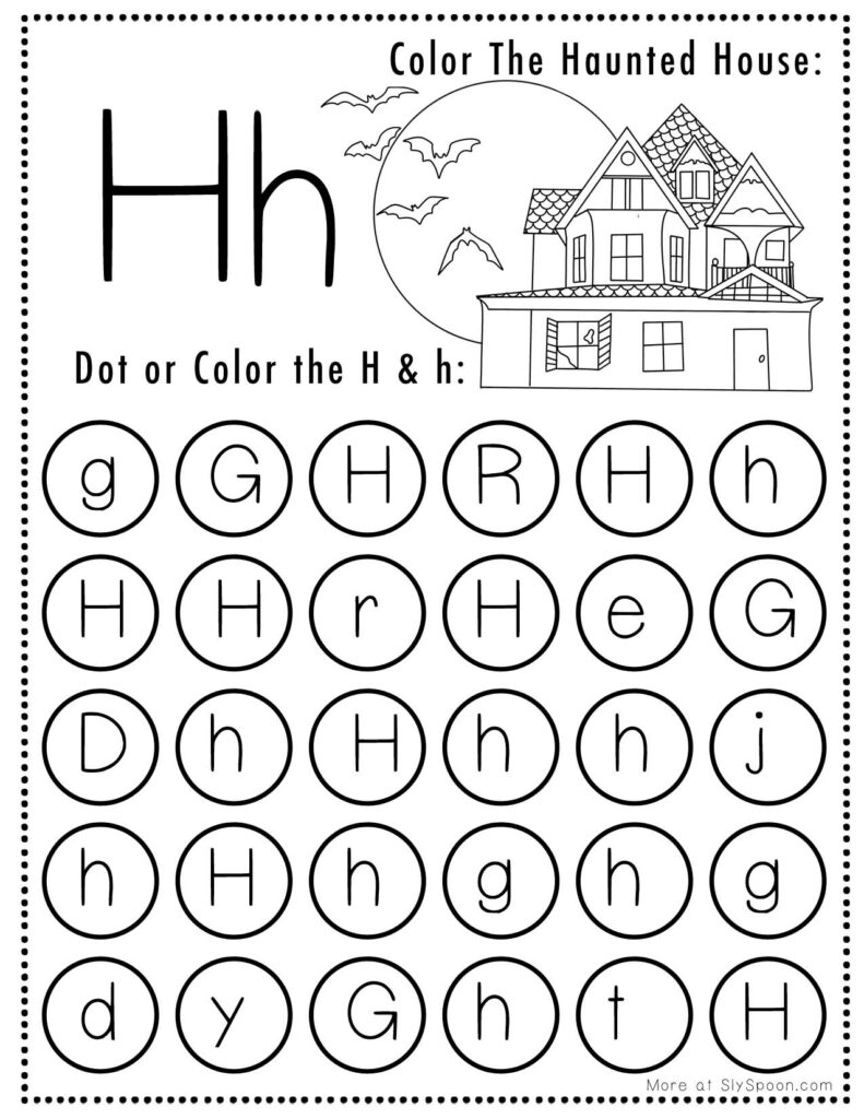 Free Halloween Themed Letter Dotting Worksheets For Letter H - H is for Haunted House