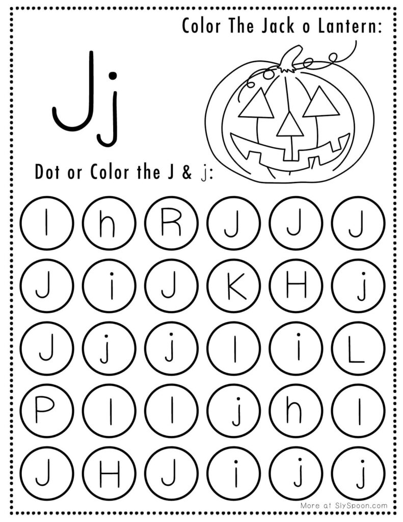 Jack O Lantern Letter J Free Printable Halloween Themed Preschooler Dot Marker Page