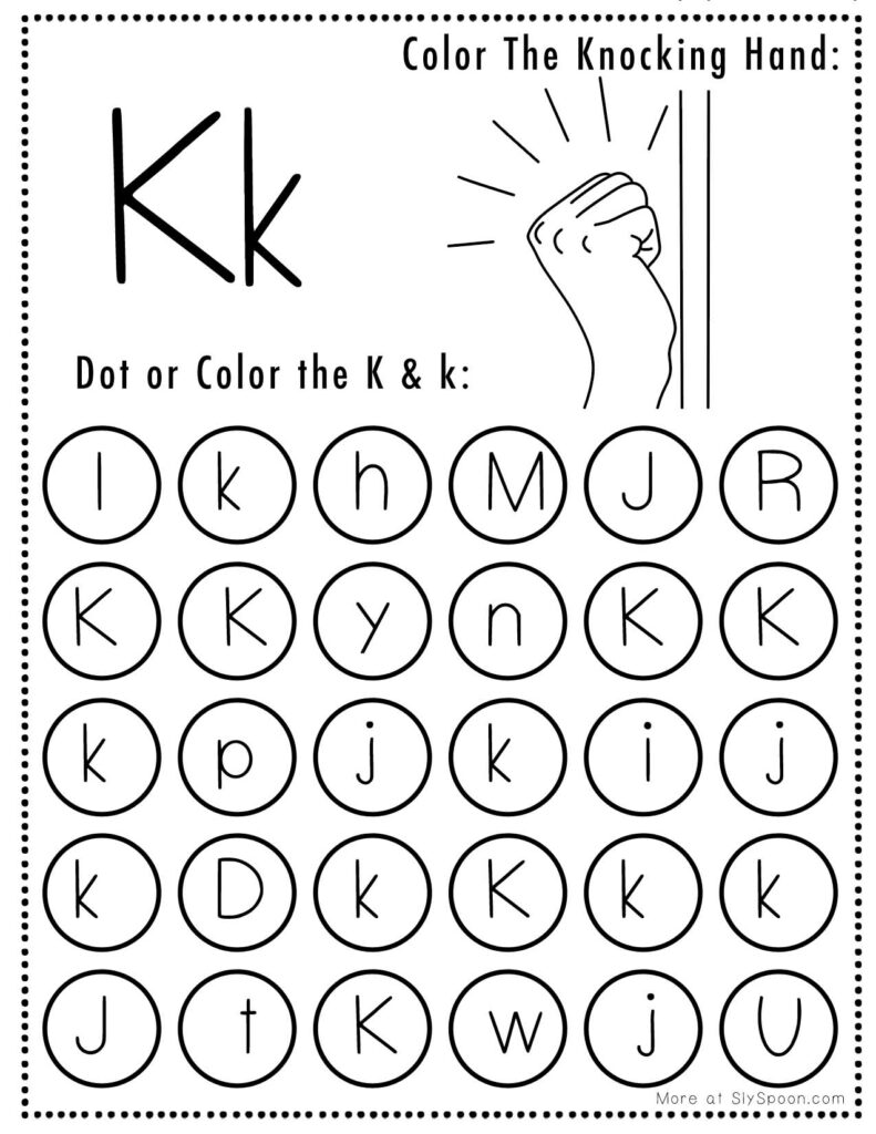 Free Halloween Themed Letter Dotting Worksheets For Letter K - K is for Knocking Hand