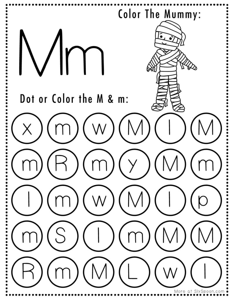 Free Halloween Themed Letter Dotting Worksheets For Letter M - M is for Mummy