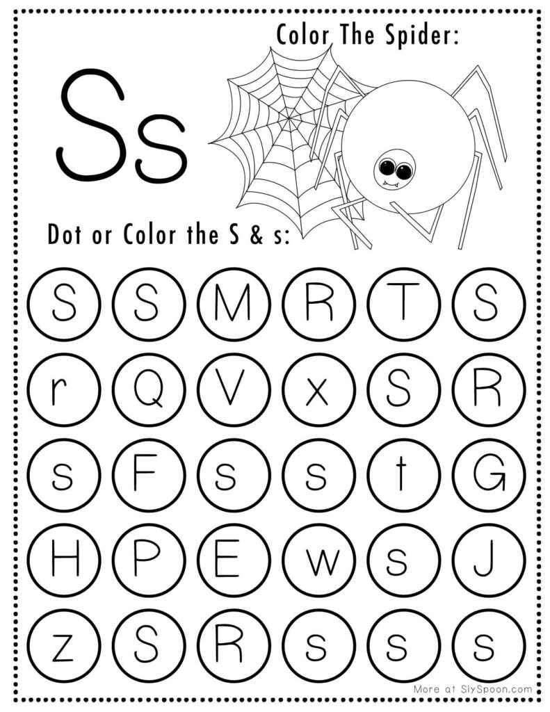 Spider Letter S Free Printable Halloween Themed Preschooler Dot Marker Page
