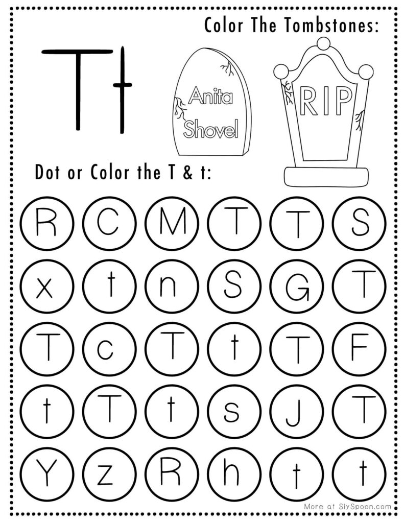 Free Halloween Themed Letter Dotting Worksheets For Letter T - T is for Tombstone