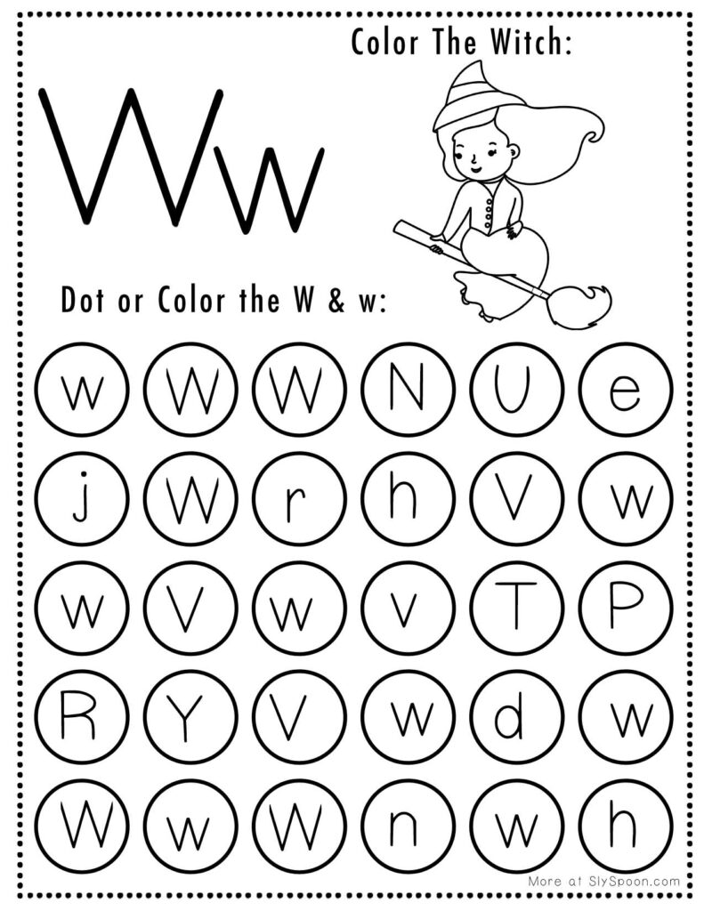 Free Halloween Themed Letter Dotting Worksheets For Letter W - W is for Witch