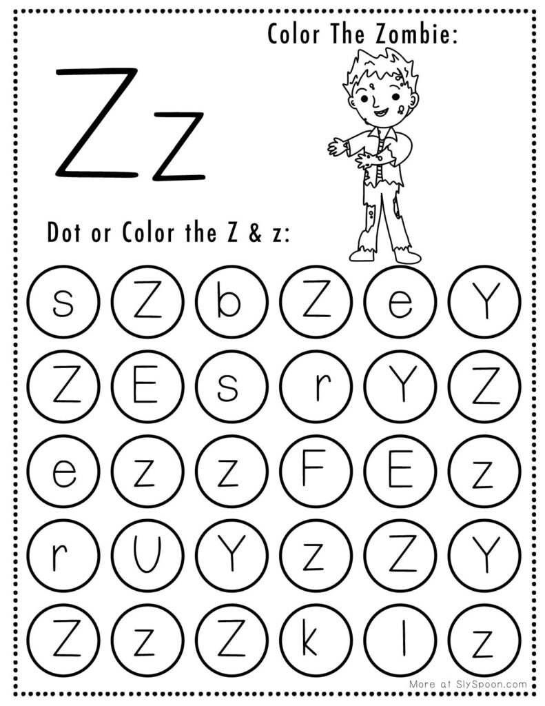 Zombie Letter Z Free Printable Halloween Themed Preschooler Dot Marker Page