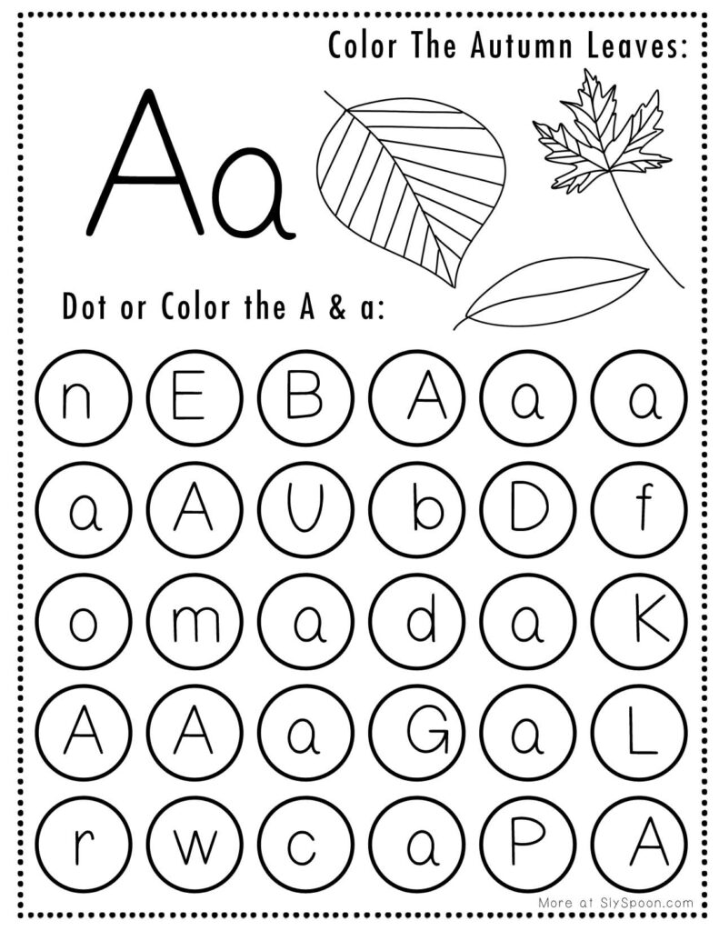 Autumn Leaves Letter A Free Printable Halloween Themed Preschooler Dot Marker Page