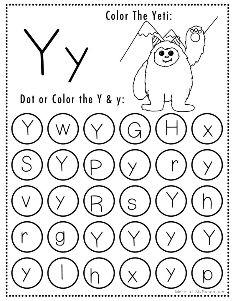 Free Halloween Themed Letter Dotting Worksheets For Letter Y - Y is for Yeti