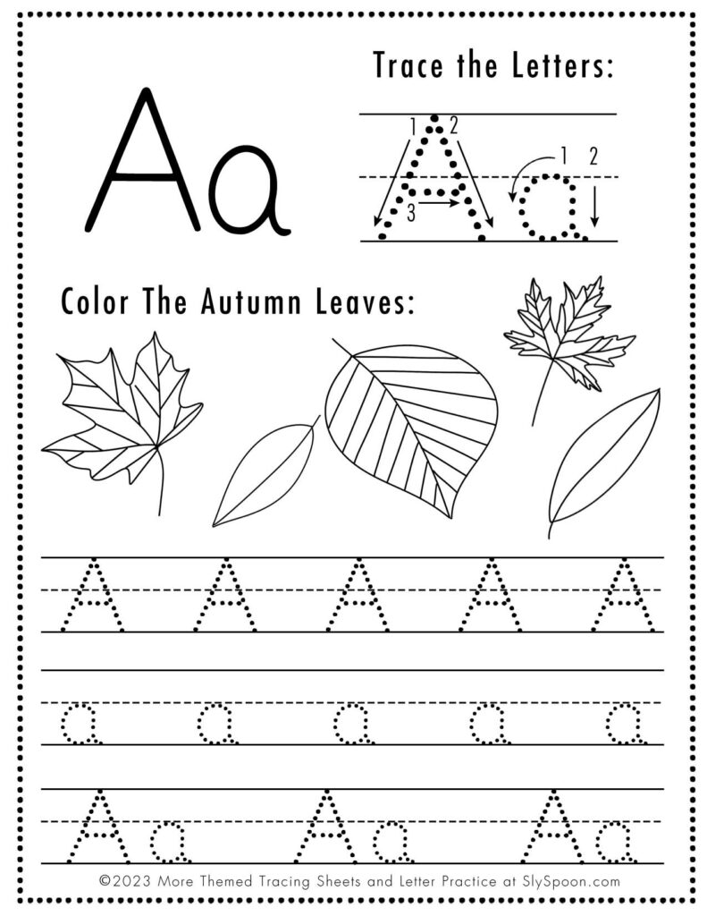 Free Halloween Themed Letter Tracing Worksheet Letter A is for Autumn Leaves