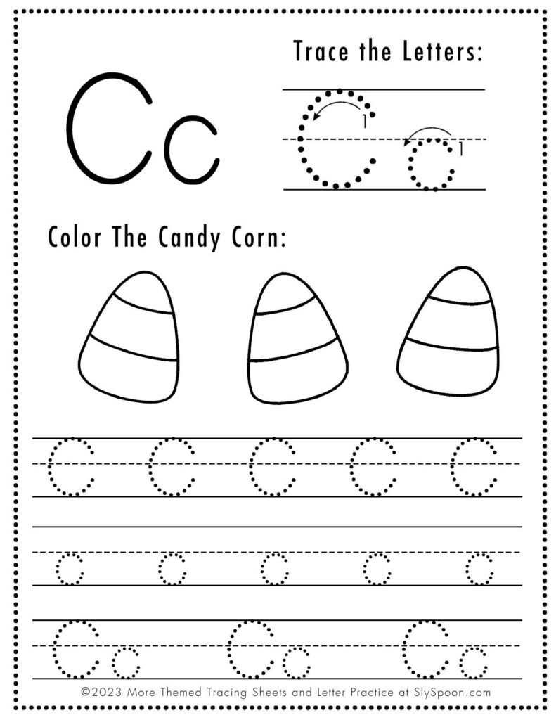 Free Halloween Themed Letter Tracing Worksheet Letter C is for Candy Corn