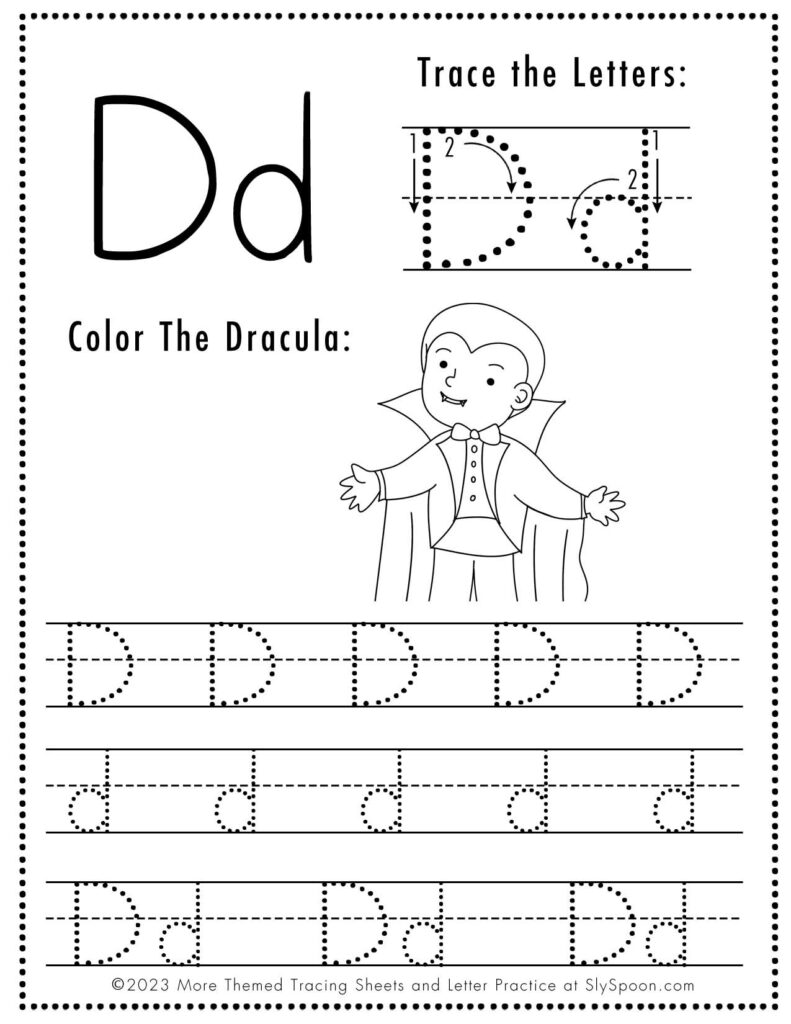 Free Halloween Themed Letter Tracing Worksheet Letter D is for Dracula