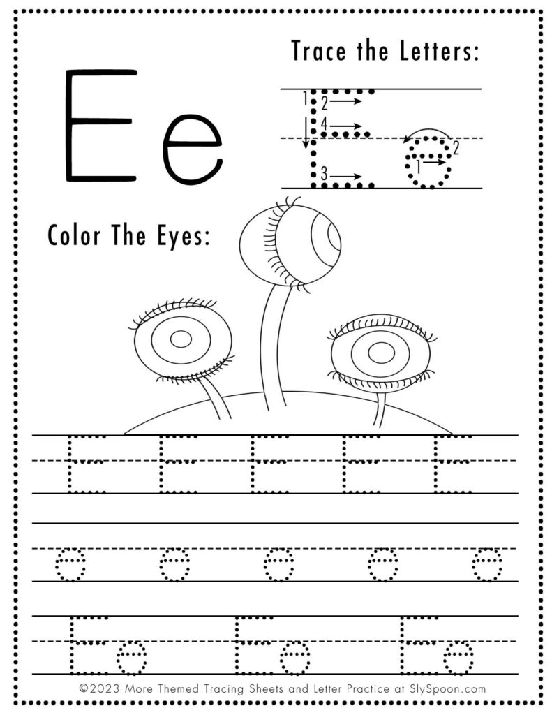 Free Halloween Themed Letter Tracing Worksheet Letter E is for Eyes