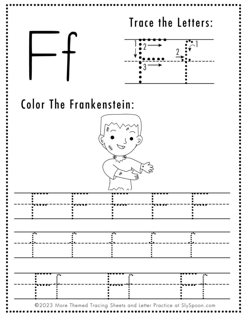 Free Halloween Themed Letter Tracing Worksheet Letter F is for Frankenstein