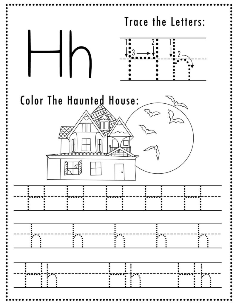Free Halloween Themed Letter Tracing Worksheet Letter H is for Haunted House