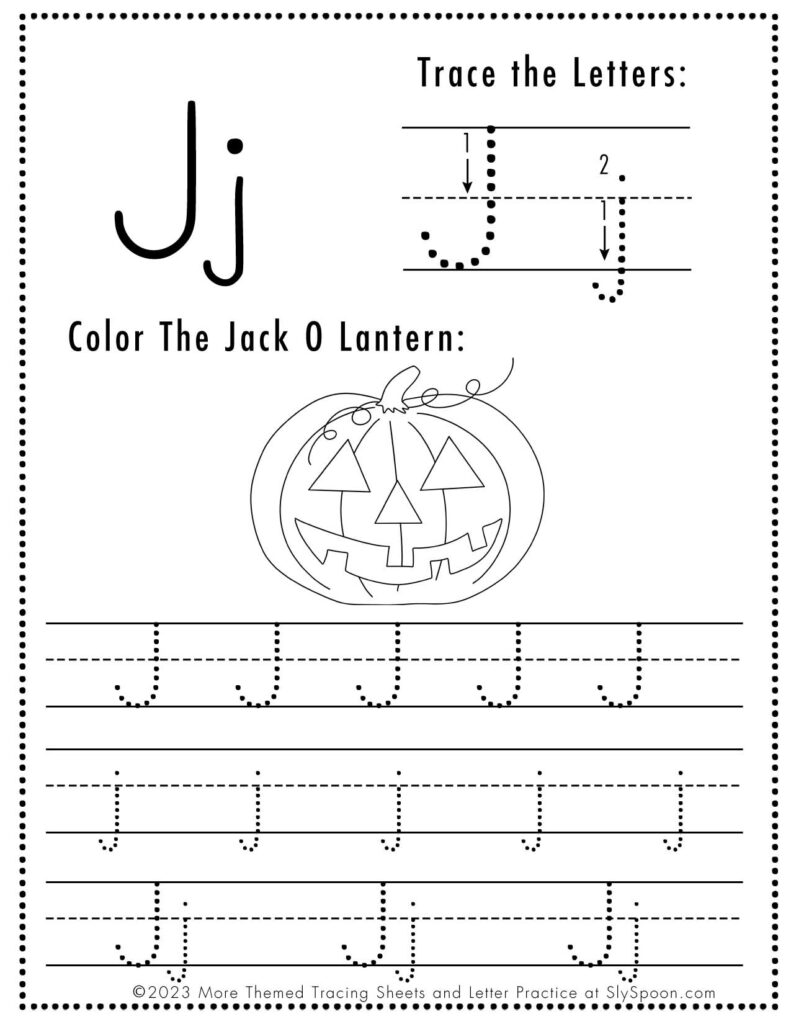 Free Halloween Themed Letter Tracing Worksheet letter J is for Autumn Leaves