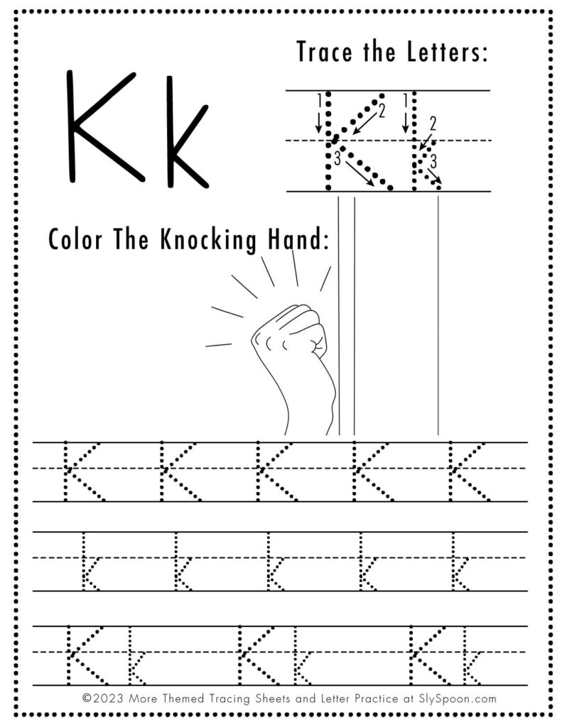 Free Halloween Themed Letter Tracing Worksheet Letter K is for Knocking Hand