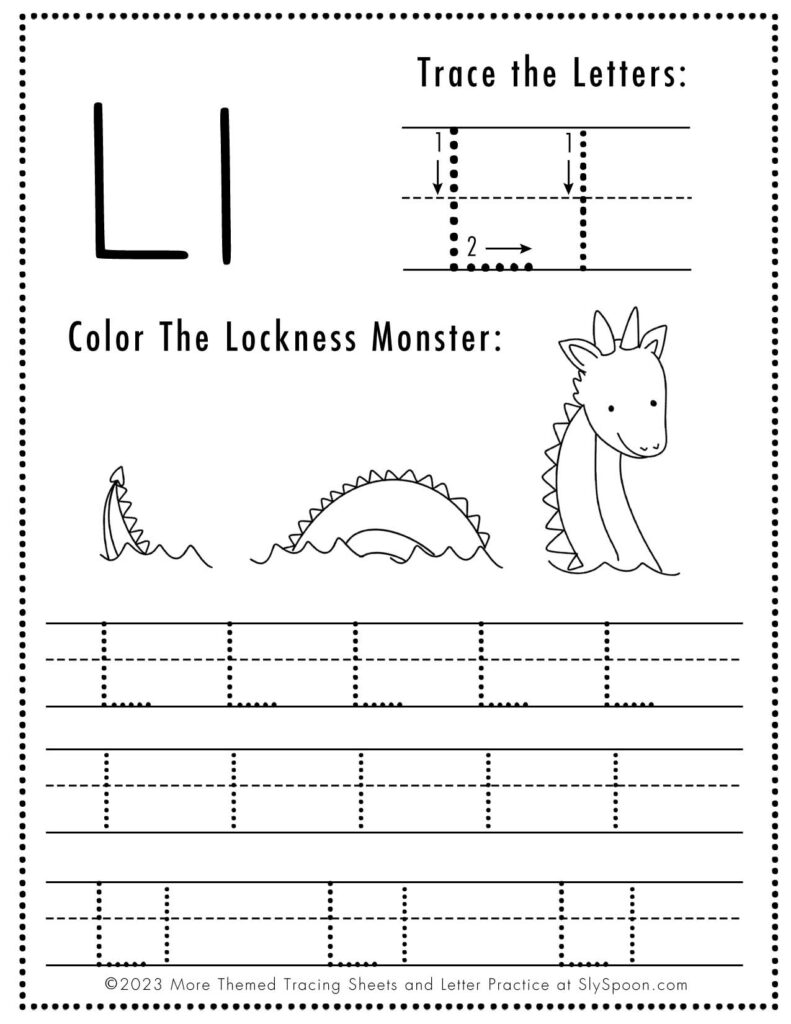 Free Halloween Themed Letter Tracing Worksheet Letter L is for Lockness Monster