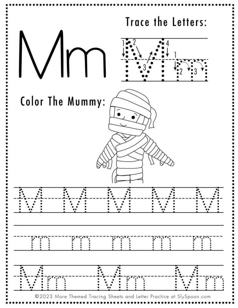 Free Halloween Themed Letter Tracing Worksheet Letter M is for Autumn Leaves