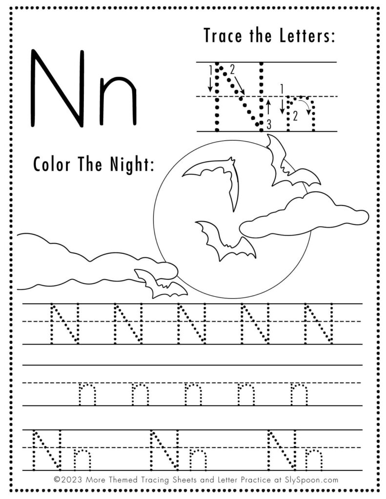 Free Halloween Themed Letter Tracing Worksheet Letter N is for Night