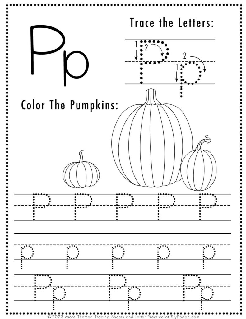 Free Halloween Themed Letter Tracing Worksheet Letter P is for Autumn Leaves