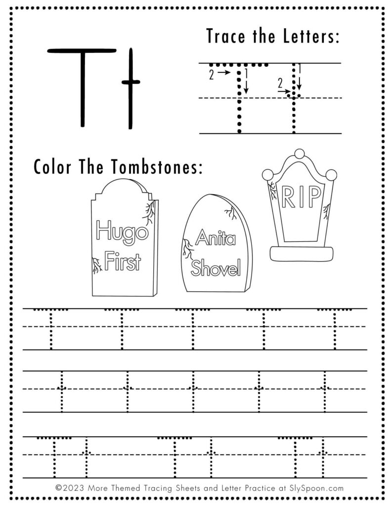 Free Halloween Themed Letter Tracing Worksheet Letter T is for Tombstone