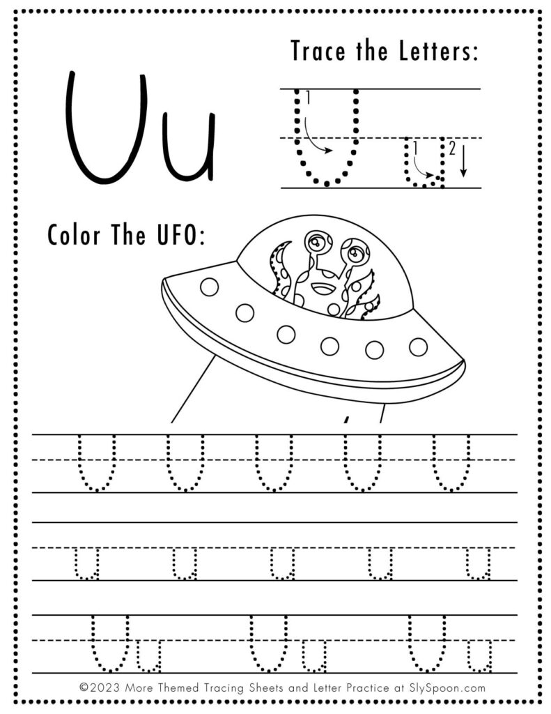 Free Halloween Themed Letter Tracing Worksheet Letter U is for UFO