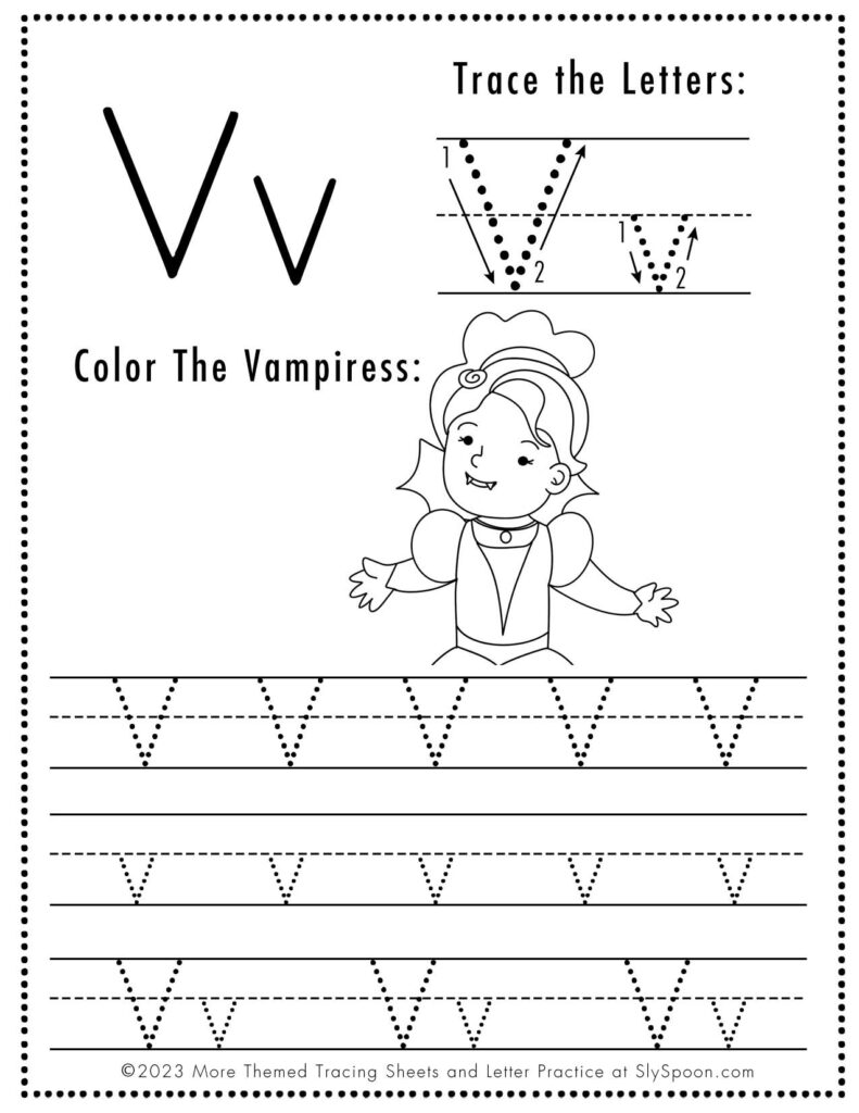 Free Halloween Themed Letter Tracing Worksheet Letter V is for Vampire Vampiress