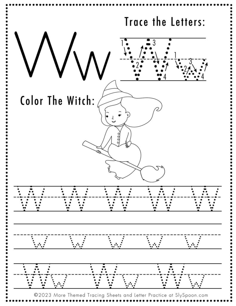 Free Halloween Themed Letter Tracing Worksheet Letter W is for Witch